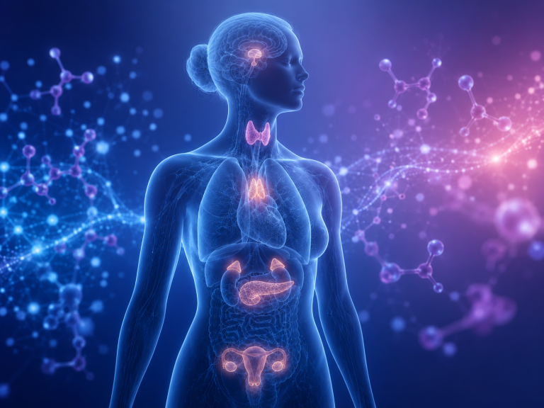 Illustratie van het menselijk hormonaal systeem met endocriene klieren die cortisol, insuline, testosteron en groeihormoon aansturen