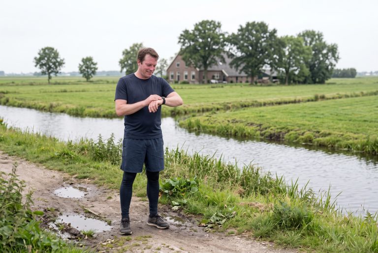 Hardloper in donkerblauwe sportkleding kijkt na zijn training tevreden op zijn sporthorloge op een modderig pad langs een sloot in de polder