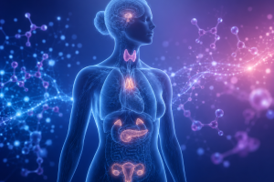 Illustratie van het menselijk hormonaal systeem met endocriene klieren die cortisol, insuline, testosteron en groeihormoon aansturen